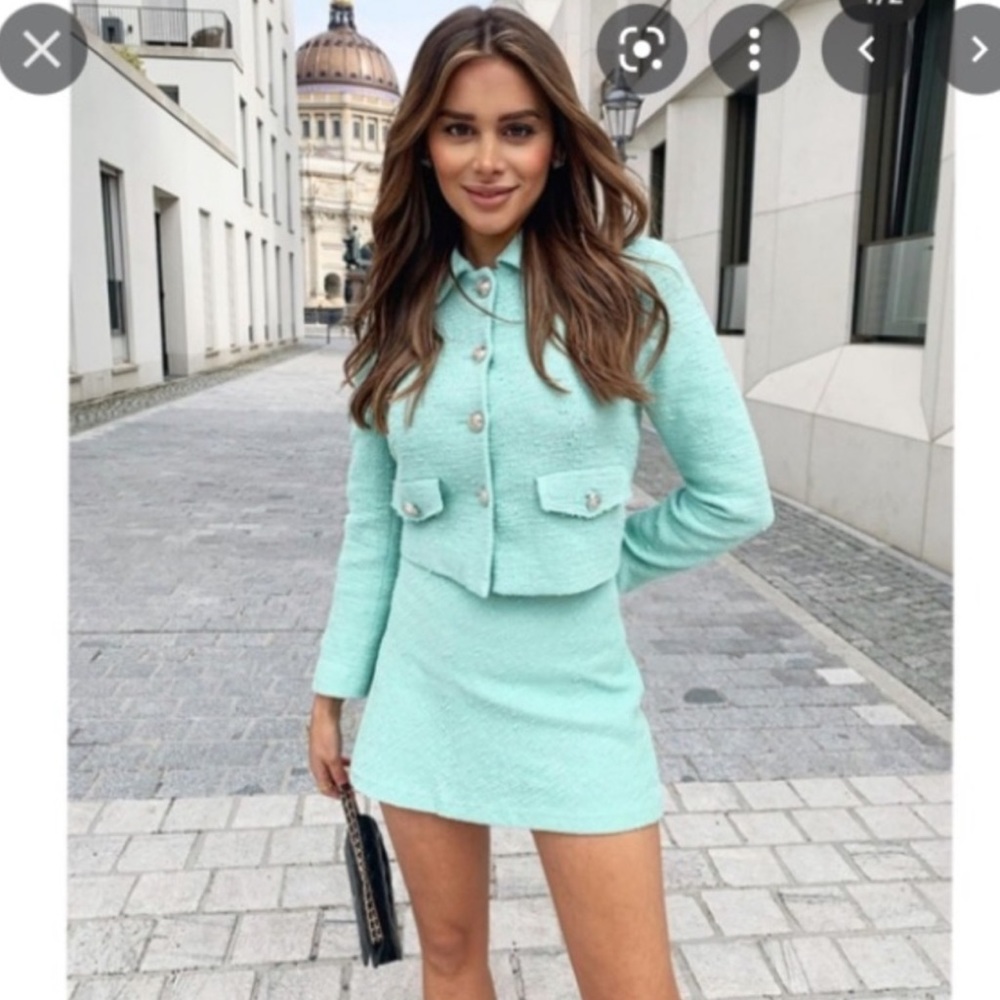Zara wave textured tweed blazer and skirt suit Teal Green XS & S